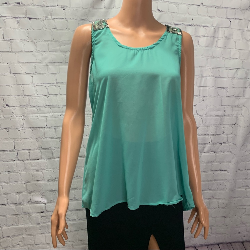 Nordstrom Buttons size small Sheer & Sequence Beaded Top buttons aqua